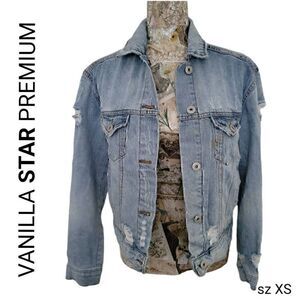 Vanilla Star Premium Distressed Ripped Torn Faded Light Blue Denim Jean Jacket